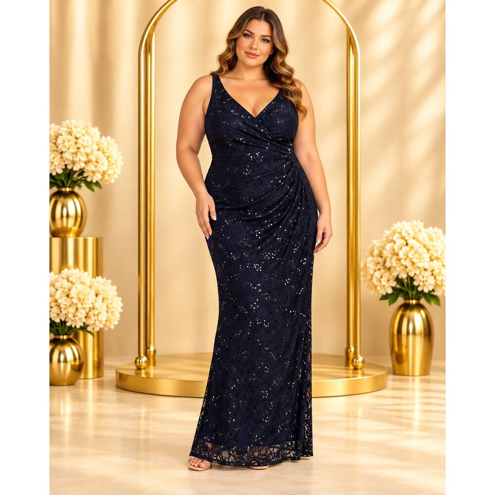 Lauren Ralph Lauren Plus Size 16 Gown Black Sequin Lace Slit Floor Length Ruched